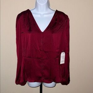 NWT Time and Tru Long Sleeve Fitted Satin Blouse Wine Punch Women’s Size L
